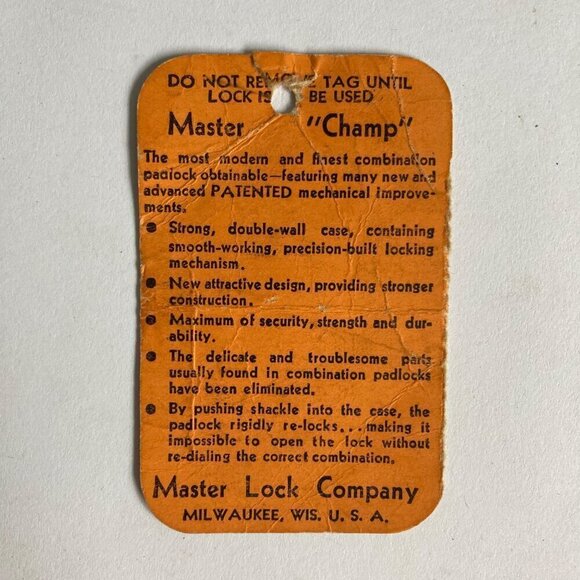 Vintage Master Lock "Champ" Combination Padlock TAG ONLY No. 1500 - Picture 3 of 3